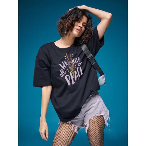 Smartees Women's Oversize Printed T-shirt | WW - 2055 | Black - XL
