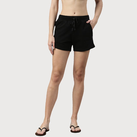 Enamor Essentials E078 Women s Comfy Terry Shorts | Adjustable Waistband & Pockets | Black | L
