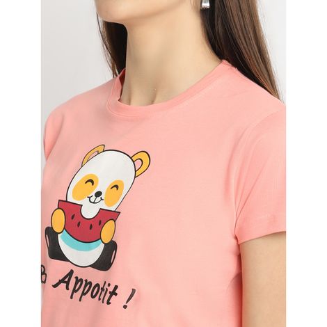 Fabflee Women Regular Cotton Printed Round Neck Tshirt | Peach | FAB-WT-36 | M