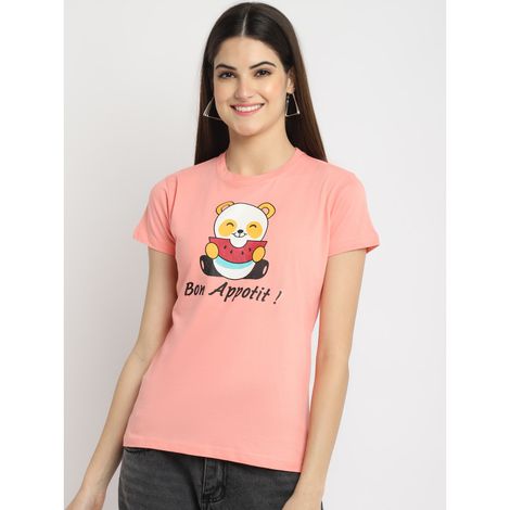 Fabflee Women Regular Cotton Printed Round Neck Tshirt | Peach | FAB-WT-36 | M
