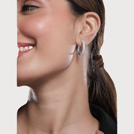 Rubans Rhodium Plated Sparkling Cubic Zirconia Studded Hoop Earrings