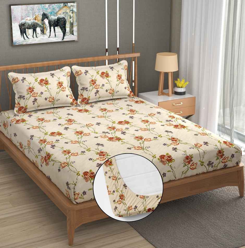 Furnofy 140 Gsm Fitted Bedsheet (L-78" x B-72" + 6" Pocket) With 2 Pillow Covers - Fitted, Floral