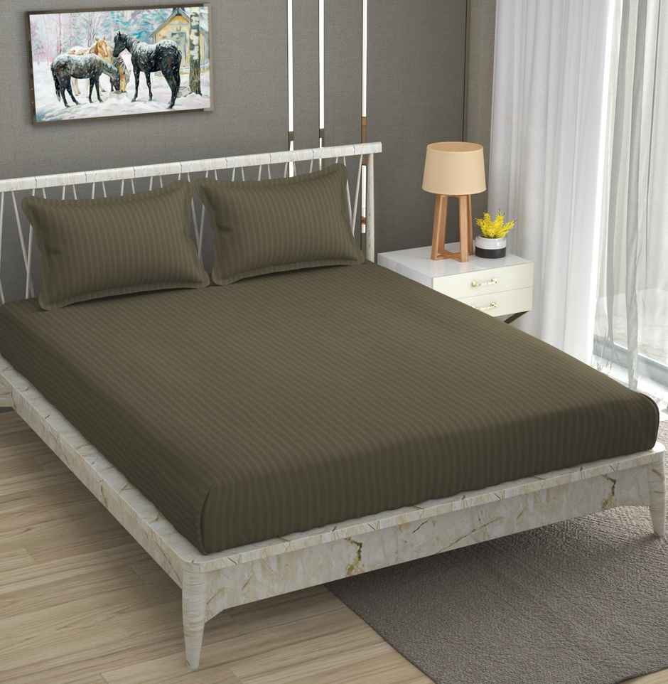 Furnofy Premium Satin Striped King Size Bedsheet (108x108 inches) with 2 Pillow Covers -Olive Green