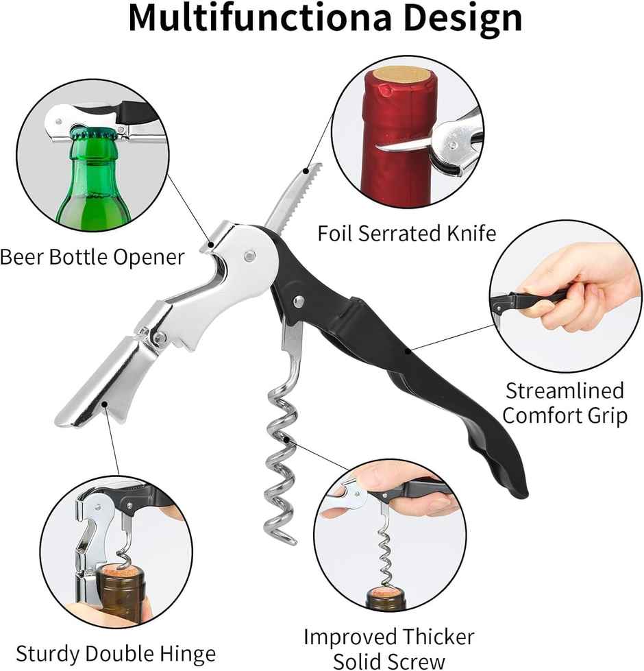 Daluci Stainless Steel Corkscrew Wine Opener 3 in 1 with Double Hinged Fulcrum Foil Cutter