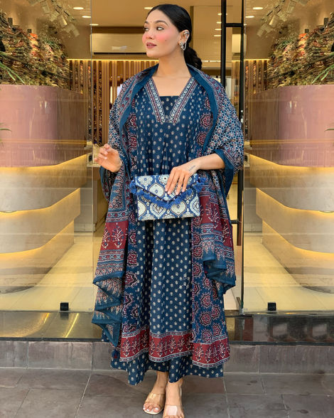GoSriKi Women's Viscose Rayon Anarkali Printed Kurta with Pant & Dupatta | NAKULA | Blue - S