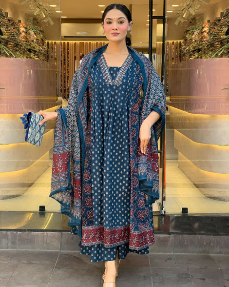 GoSriKi Women's Viscose Rayon Anarkali Printed Kurta with Pant & Dupatta | NAKULA | Blue - S