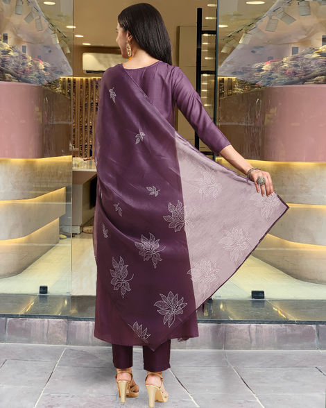 GoSriKi Women's Viscose Rayon Anarkali Printed Kurta with Pant & Dupatta | GANGORI | Wine - L