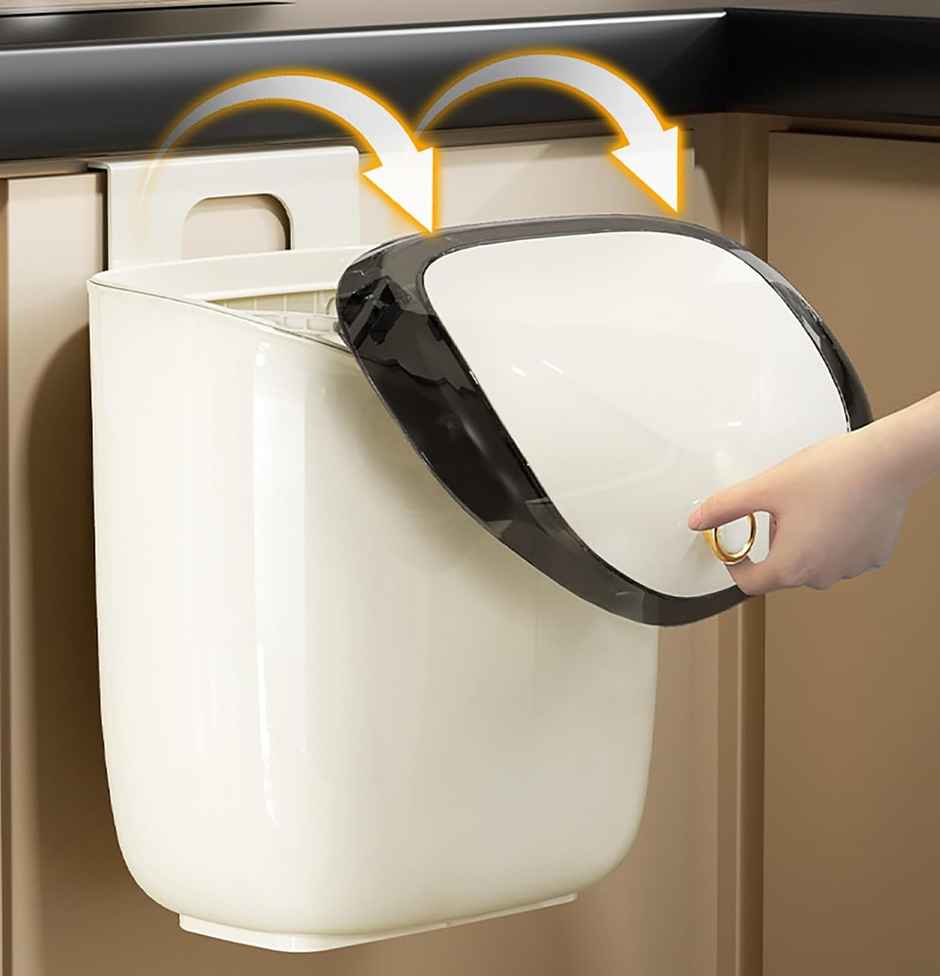 House of Quirk Plastic Hanging Trash Can with Lid Dual Sided Cabinet Door Hanging Wall Storage Bucket for Kitchen | Cream