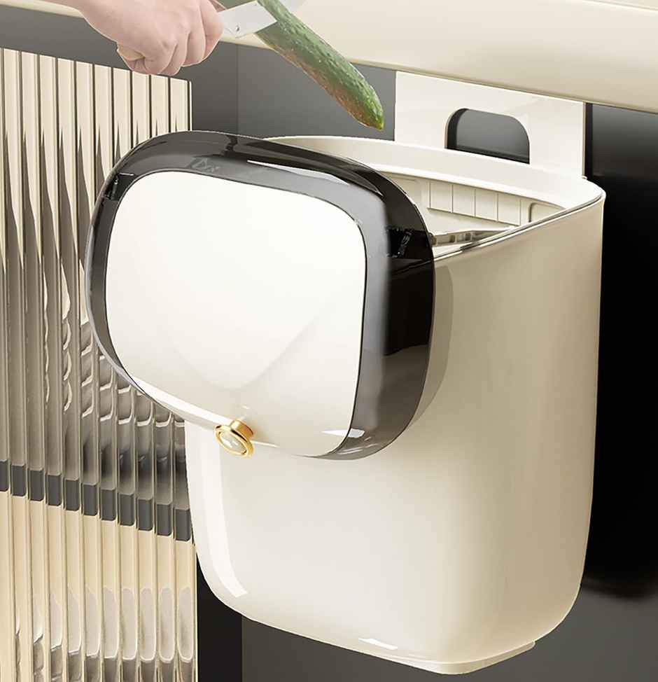 House of Quirk Plastic Hanging Trash Can with Lid Dual Sided Cabinet Door Hanging Wall Storage Bucket for Kitchen | Cream