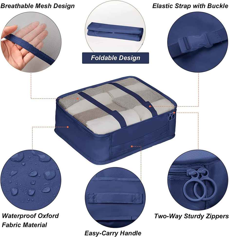 Lazer Polyester Travel Organizer Bag 3 Packing Cubes + 3 Pouches + 1 Toiletry | Dark Blue