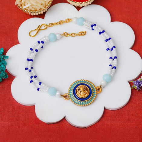 Religious Lord Ganesha Rakhi Bracelet for Brother Bhai Bhaiya | Beads Bracelet for Man | Roli Chawal Pack (eCraftIndia)