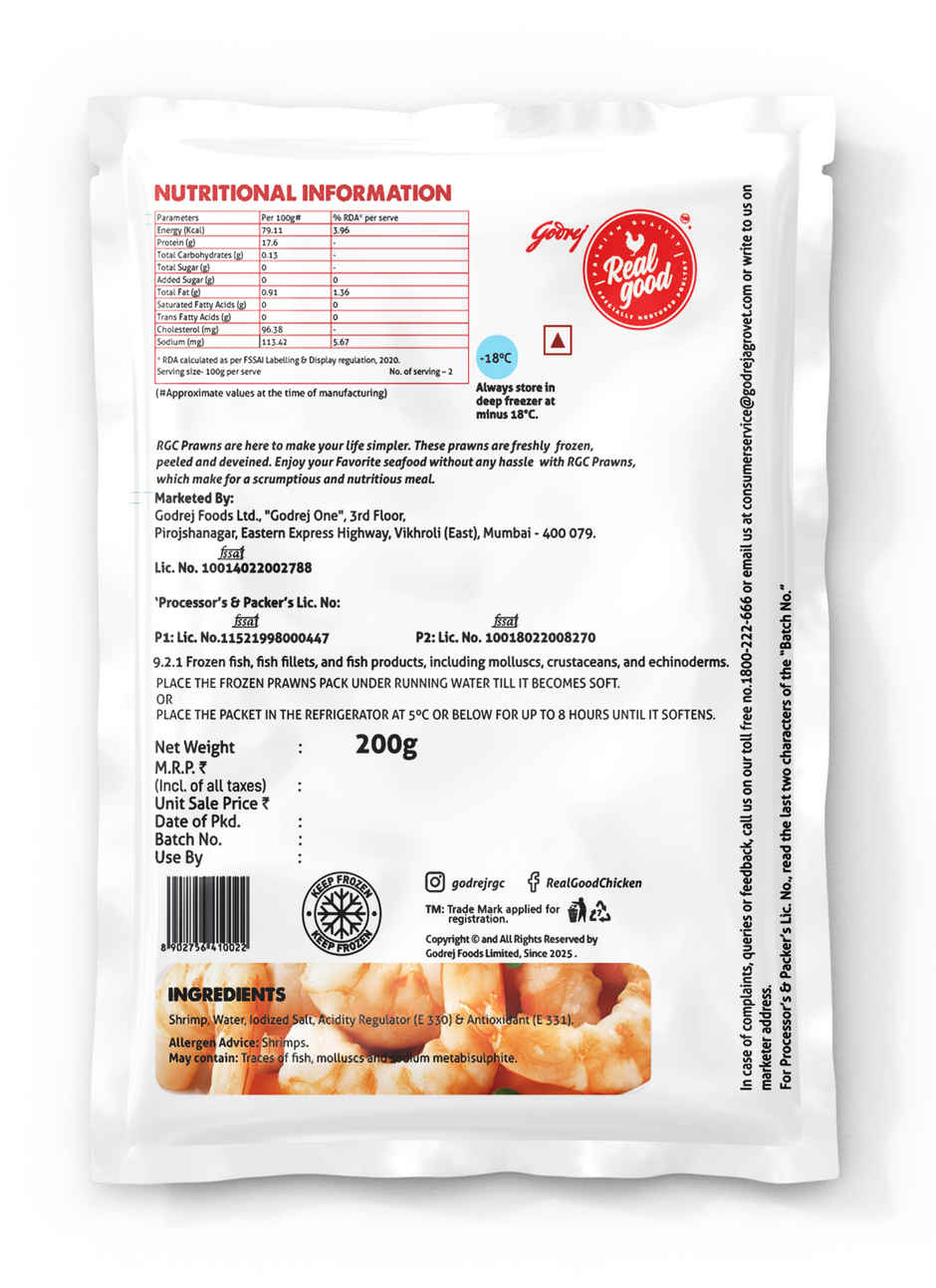 Godrej Real Good Medium Prawns Peeled & Deveined (Freshly Frozen)