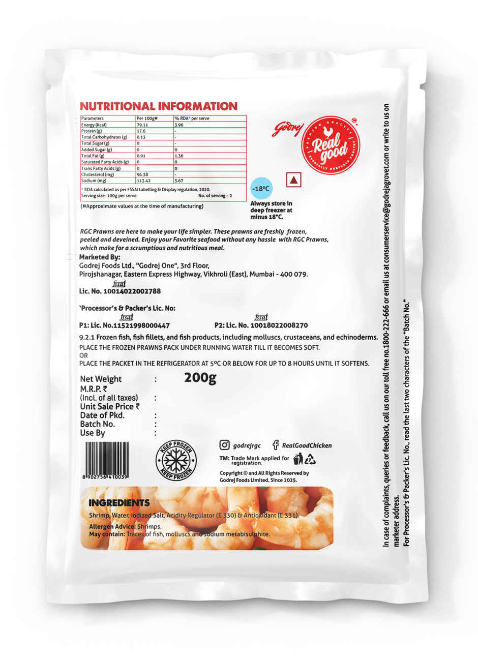 Godrej Real Good Large Prawns | Peeled & Deveined | Freshly Frozen