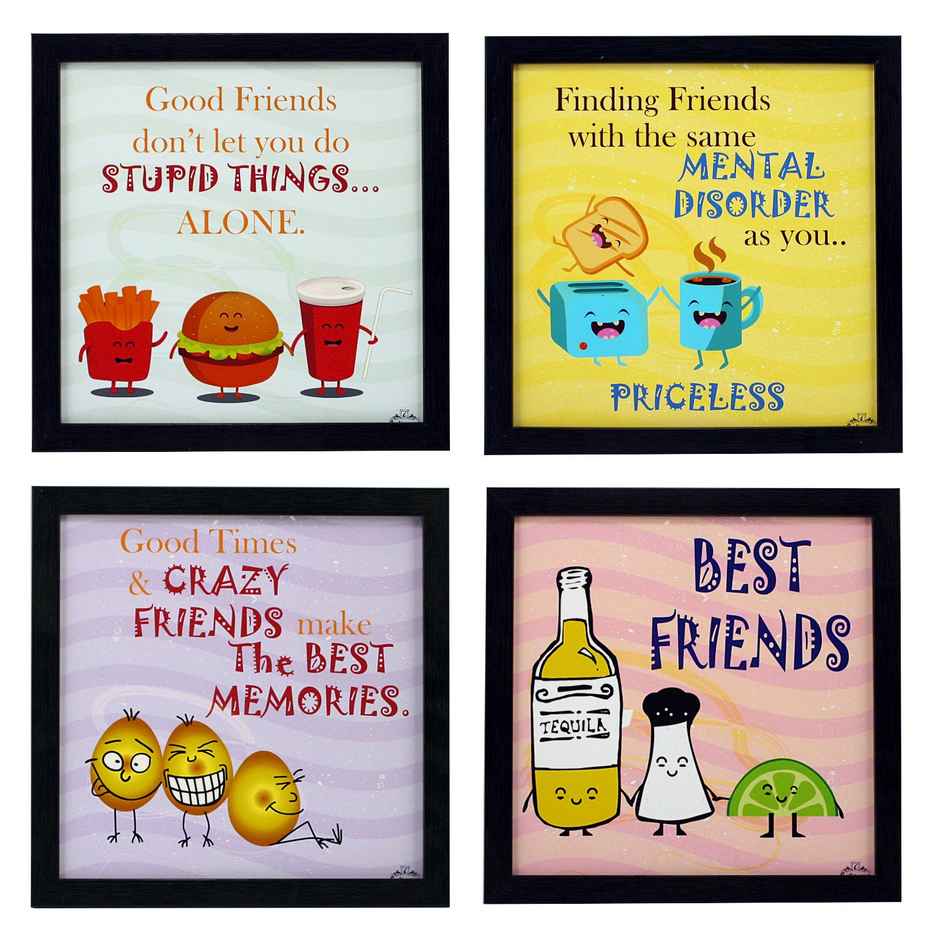 Indianara Set of 4 Framed Quirky Friends Quotes Framed Wall Hanging Laminated Paintings