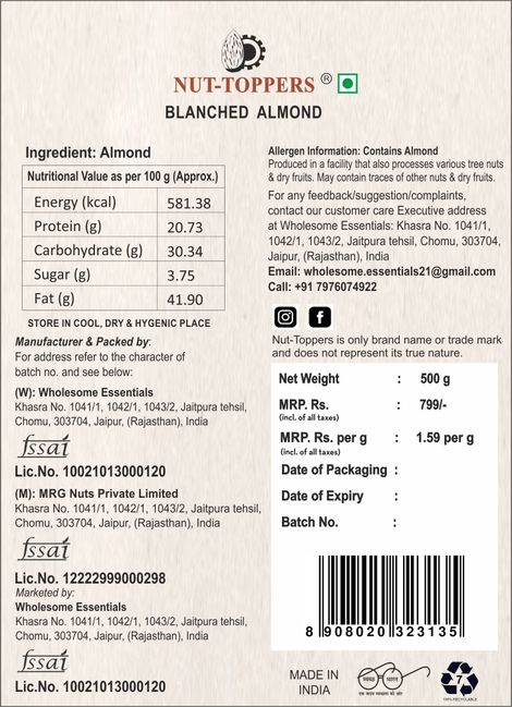 Nut Toppers Blanched Almonds Whole