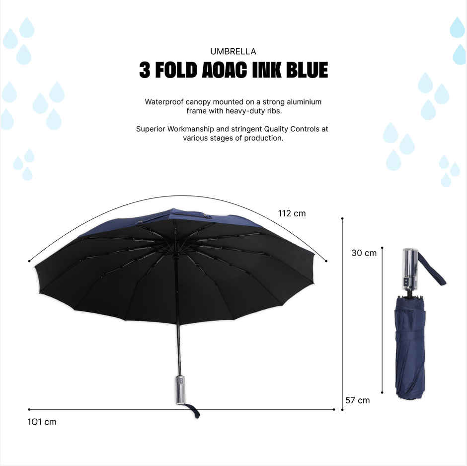 Citizen 3 Fold 23.5 Inch Navy Blue Auto Open Close Umbrella with Glass Handle
