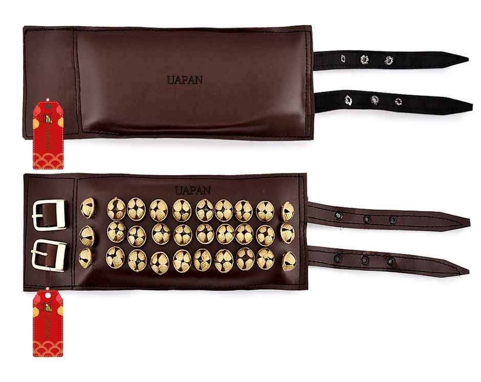 Uapan Brass Ghungroo Leather Pad With Strip 3 Line Pair, 30+31 - Assorted