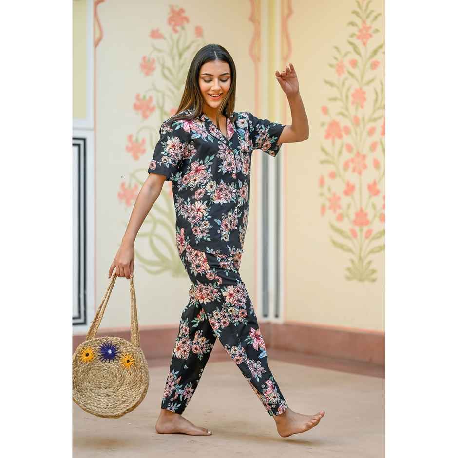 Sanskrutihomes Women Black Pure Cotton Floral Print Pyjama | Set L