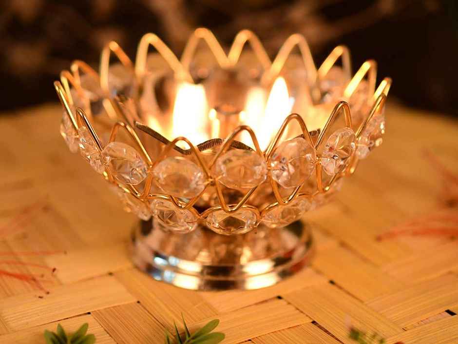 Crystal Brass Diya For Puja And Gift, Reflection Effect