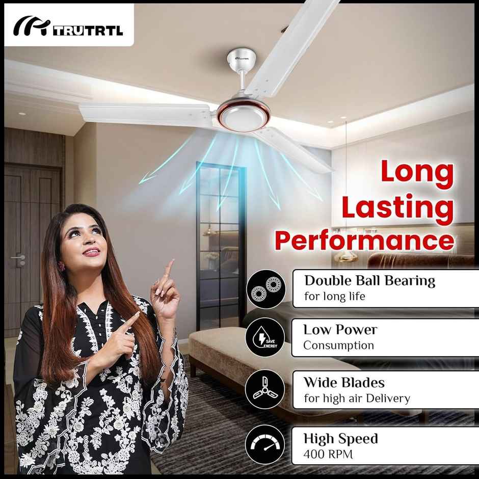 truTRTL Smart Ceiling Fan, 1200mm/48 inch, 3 Blades,High-Speed, Energy Saving, Durable & Stylish - White