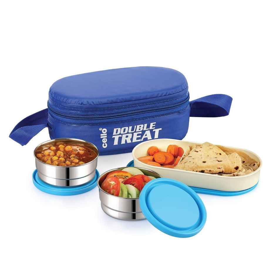 Cello Double Treat Lunch Box with Jacket (2 Unit Container - 300 ml, 1 Unit Oval Container) | Blue