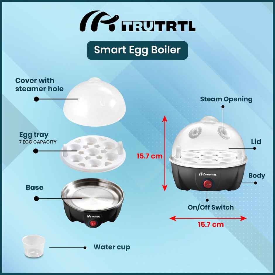 truTRTL Smart Instant Egg Boiler Machine 350 Watts | Plastic, 414 ml, Boil upto 7 Eggs (Hard, Medium, Soft)Automatic, Overheat Protection - Black