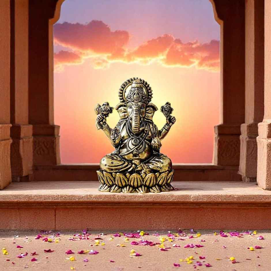 Ganesh Ji Brass Idol On Lotus | Small Size | Devnidhi