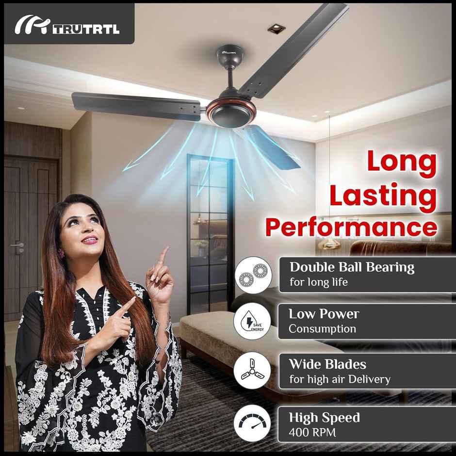 truTRTL Smart Ceiling Fan, 50 W, 1200mm/48 inch ,High-Speed,Energy Saving,Durable & Stylish - Smoke Brown