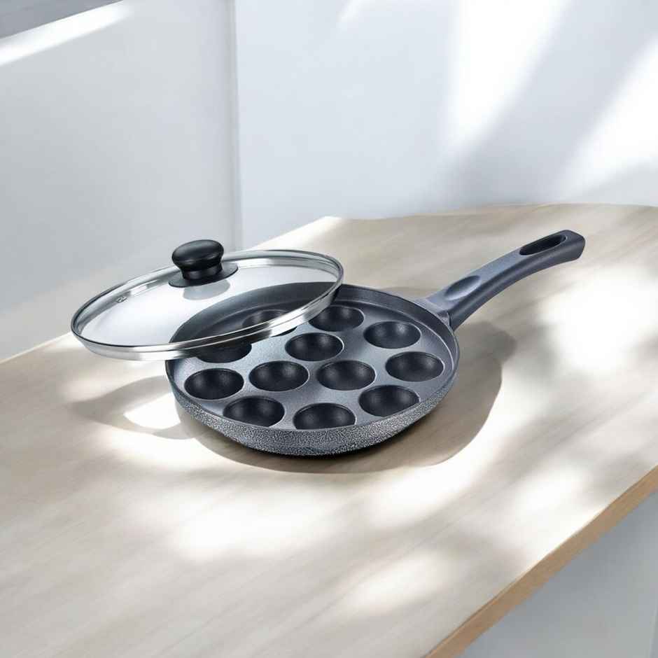 Prestige Omega Select+ 12Pits Aluminium Non-Stick Paniyarakkal With Glass Lid 24cm,1Y Warranty,Black