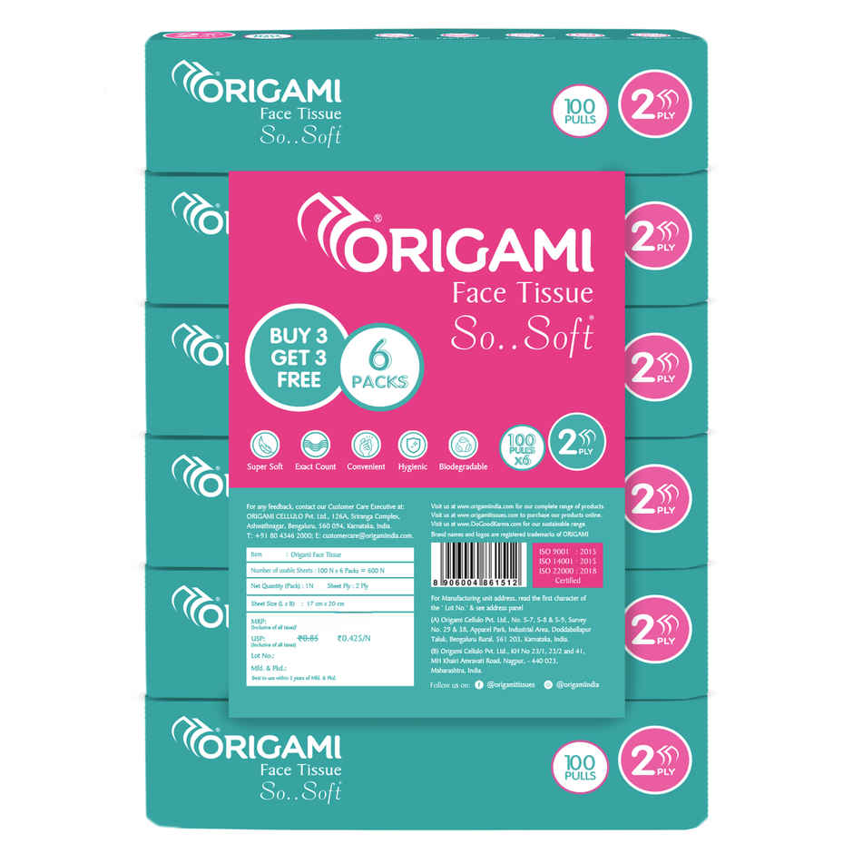 Origami Soft Facial Tissues, Buy 3 Get 3 Free (Pack of 6), 100 pulls in each pack