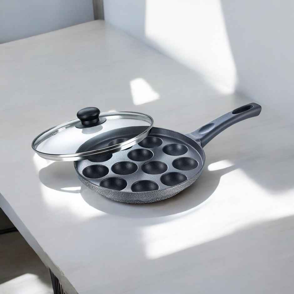 Prestige Omega Select+ 12Pits Aluminium Non-Stick Paniyarakkal With Glass Lid 24cm,1Y Warranty,Black
