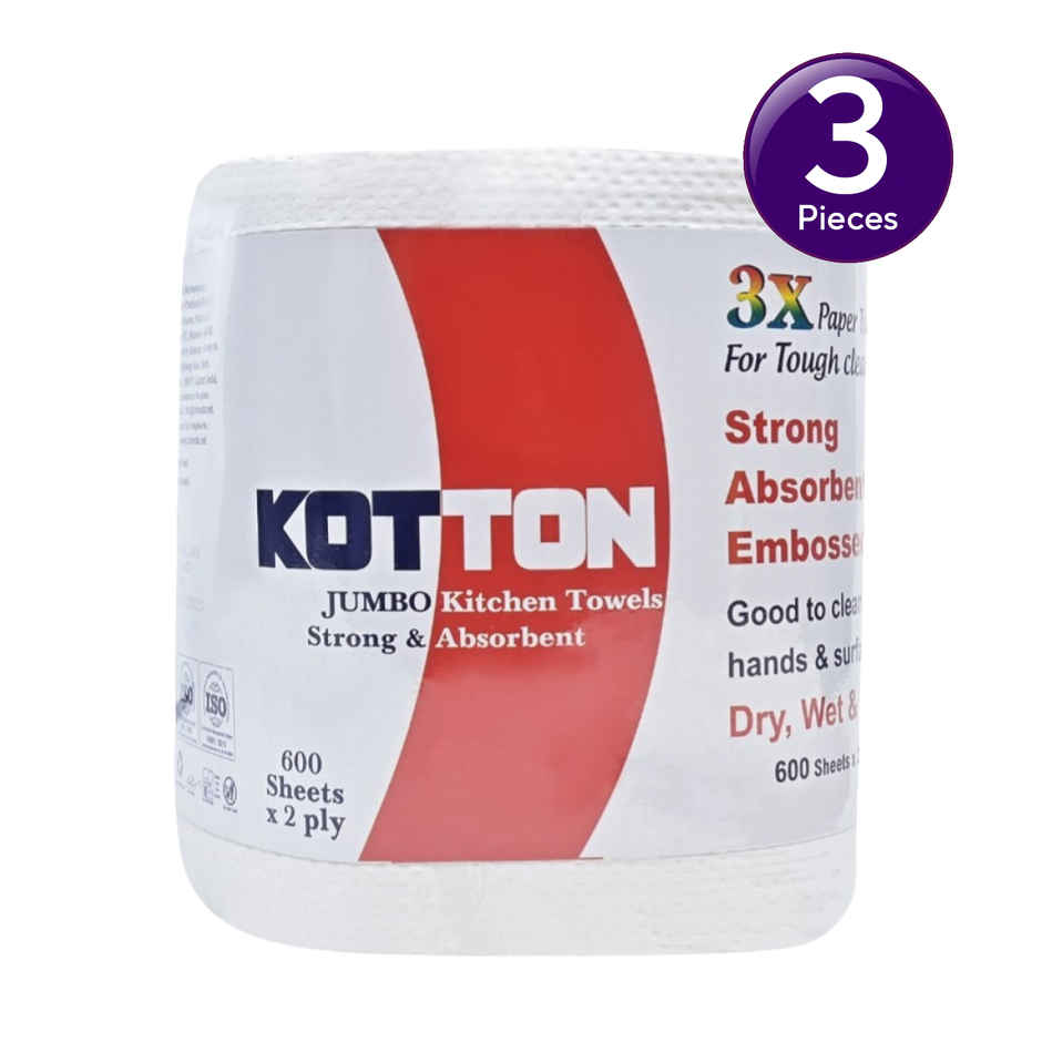 Kotton 2 Ply Jumbo Kitchen Towel Paper Roll/100% Virgin Pulp/Paper - pack of 1 Roll - 600 Sheets Combo 