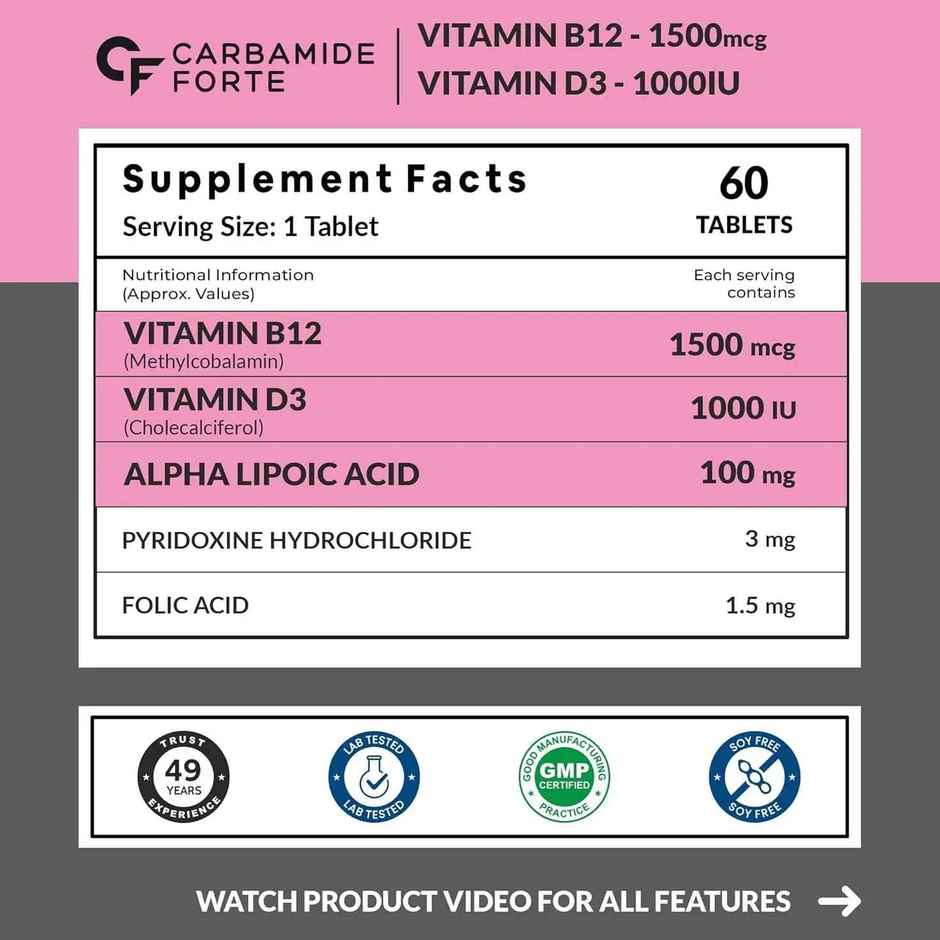 Carbamide Forte Vitamin B12 1500mcg with Vitamin D3 Supplement-60 Tablets
