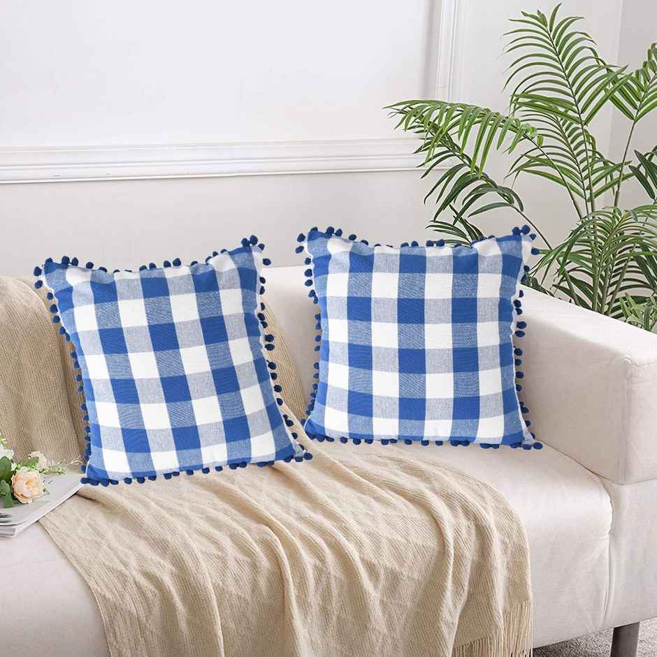 Lushomes Cotton Cushion Covers - Blue and White Checks | 20 x 20 inch | Pom Pom