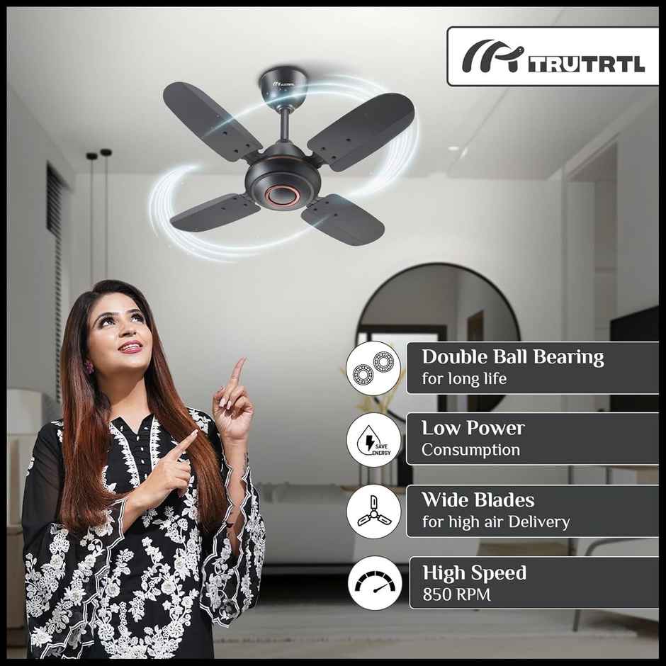 truTRTL Wave Ceiling Fan, 50W, 600Mm/24 Inch, High-Speed, Energy Saving, Durable & Stylish - Smoke Brown