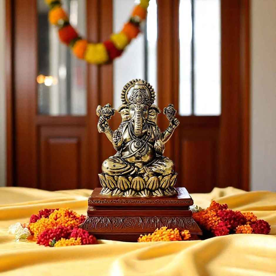 Ganesh Ji Brass Idol On Lotus | Small Size | Devnidhi