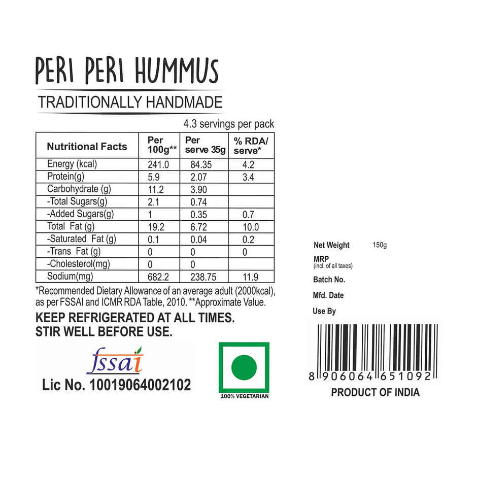 Wingreens Farms Peri Peri Hummus | Hummus Dip | Peri Peri Dip