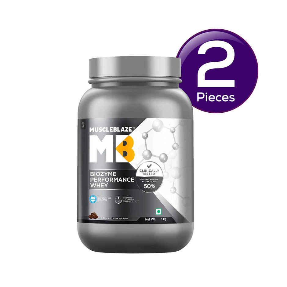 MuscleBlaze Biozyme Performance Whey Protein Powder (Rich Chocolate) 1 kg Combo