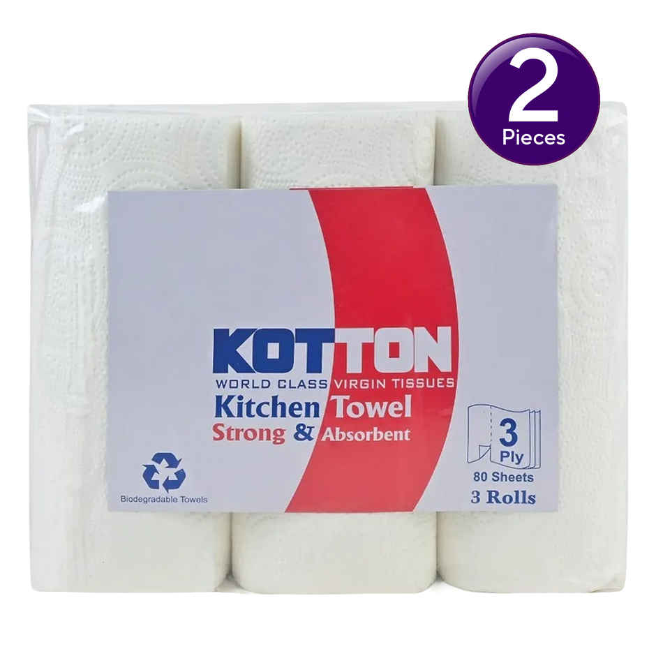 Kotton 3 Ply Kitchen Towel Paper Roll/100% VirginPulp/Paper - Pack Of 3 Rolls - 80 Pulls Per Roll Combo 