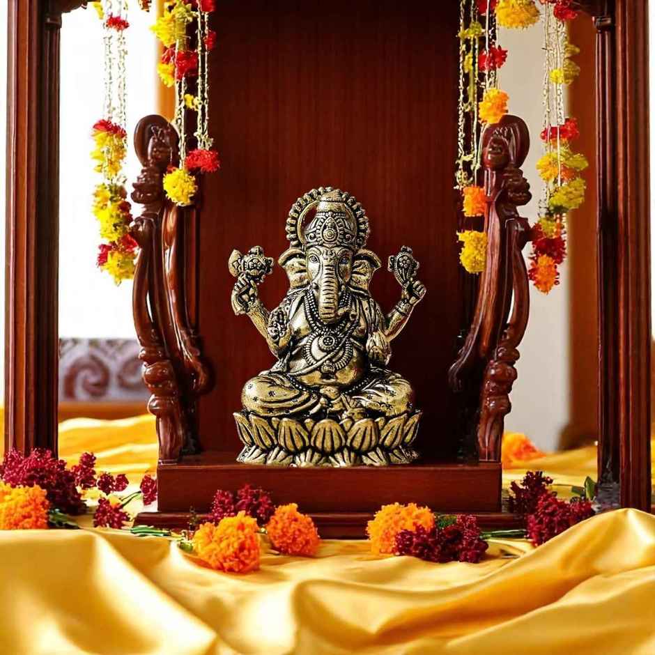 Ganesh Ji Brass Idol On Lotus | Small Size | Devnidhi