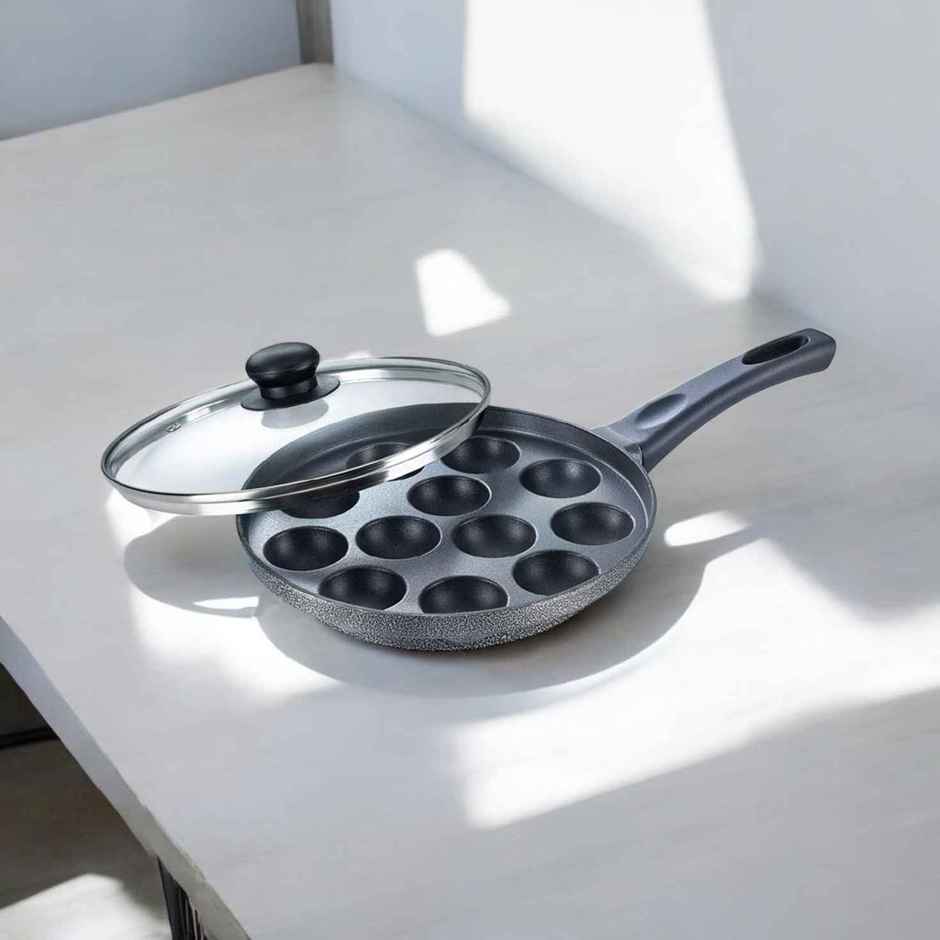 Prestige Omega Select+ 12Pits Aluminium Non-Stick Paniyarakkal With Glass Lid 24cm,1Y Warranty,Black