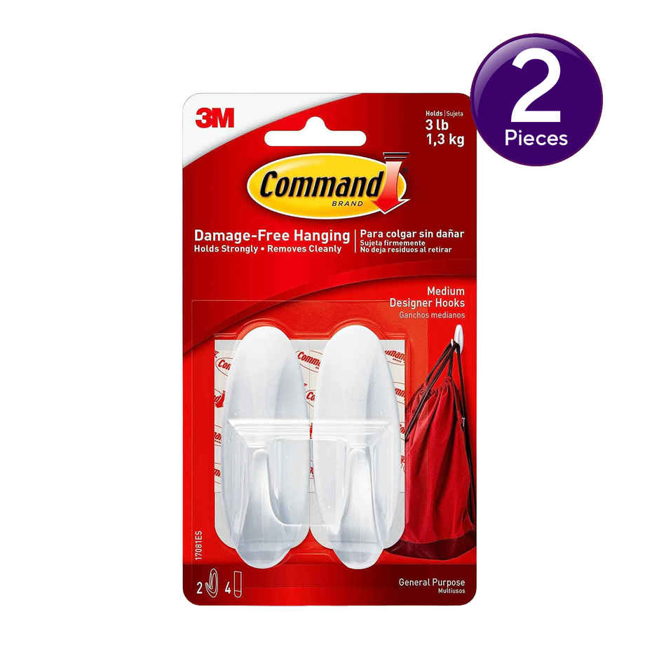 Command Adhesive Damage free Hooks for wall | 2 hooks | 4 strips | Holds Upto 1.3 kg Combo  