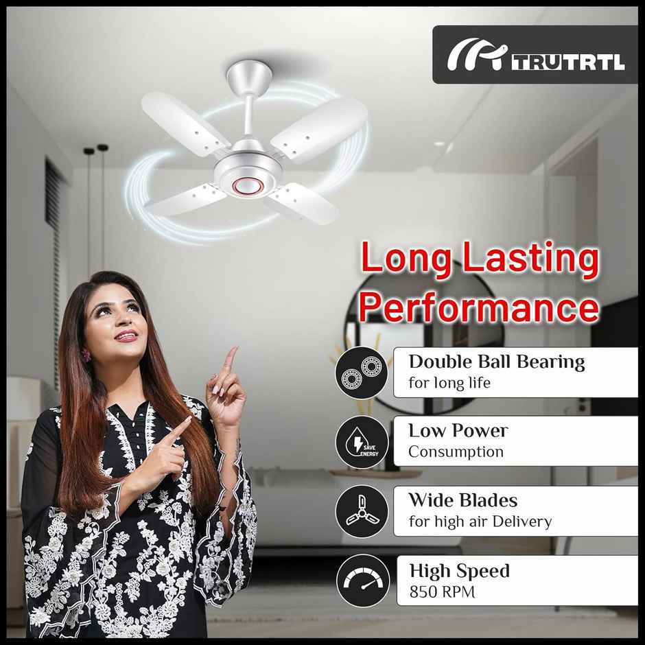 truTRTL Wave Ceiling Fan, 600mm/24 Inch, High-Speed, Energy Saving, Durable & Stylish, White