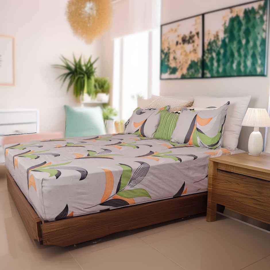 Status Micro King Size Double Leafy Bedsheet | Multicolour | 87 x 94 in