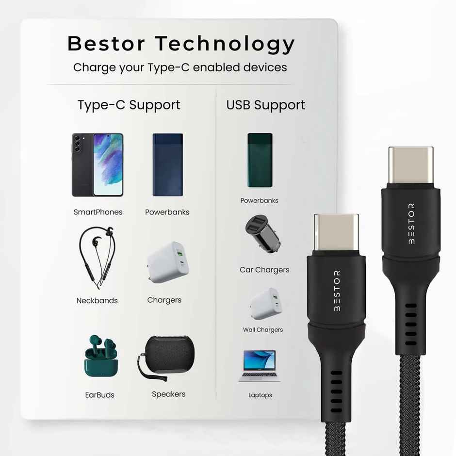Bestor 60W Type-C to Type-C Cable 1.2m PD Nylon Braided Durable Design 480Mbps Data Transfer Compatible with Smartphones, Tablets, Laptops & All Type-C Devices - Black