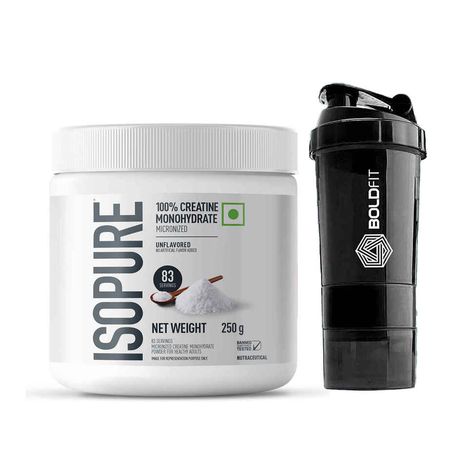 Isopure Creatine Monohydrate Micronized Increase Lean Muscle Mass (250g) & Boldfit Spider Gym Shaker Bottle (1pc) Combo