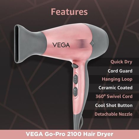 VEGA VHDH-25 Go Pro Hair Dryer With Cool Shot Button (Rose Gold, 2100 W)