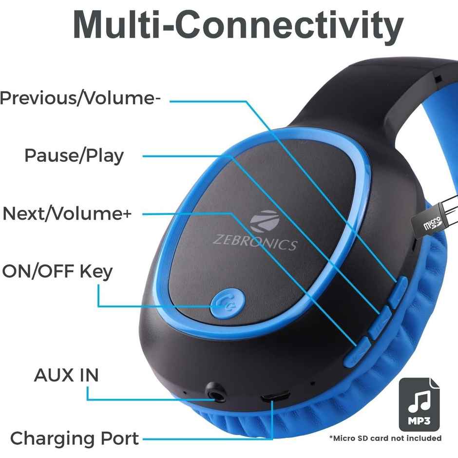 Zebronics Thunder BT 5.3 Headphone, 60H, Gaming Mode, Dual Pairing, ENC, AUX, mSD, Voice Asst(Blue)