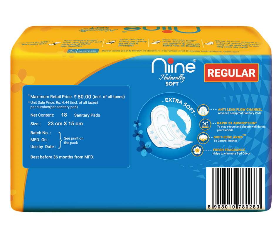 Niine Naturally Soft Regular Sanitary Pads | Regular | 18 pcs