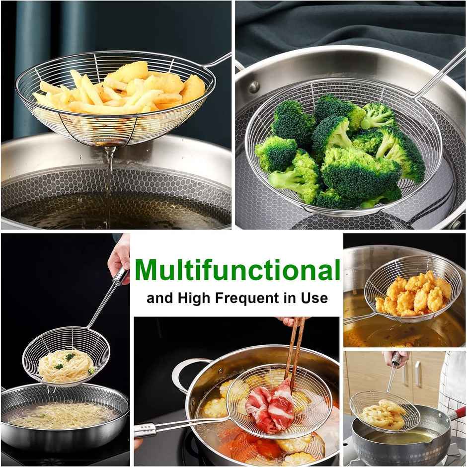 Limetro Steel Stainless Steel Deep Fry Jhara/Puri Strainer With Support Wires And Handle